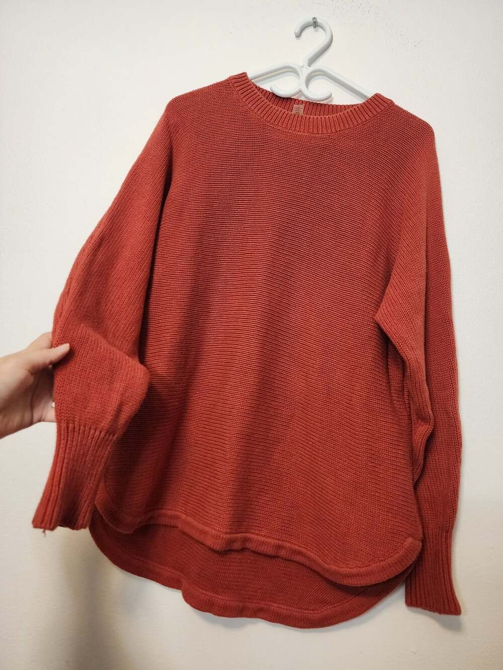 100% Cotton Brick Orange Oversized Ribbed Knit Crewneck Sweater Cozy Fall Size M
